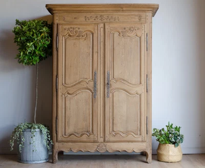 £1950 • Buy French Antique 19C Oak Armoire Wardrobe Linen Press Cabinet With Shelves Drawers