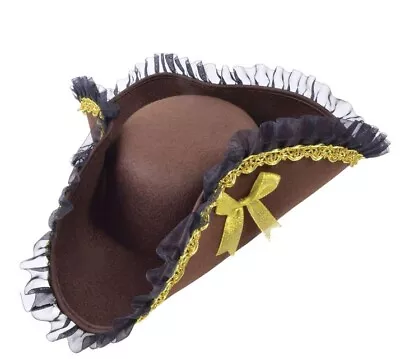 Brown Gold Ribbon Pirate Tricorn Hat Jack Sparrow Fancy Dress Caribbean Costume • £13.99