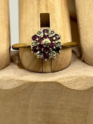 9ct Gold Ruby & Diamond Cluster Ring B'Ham 1991 Size P 1/2 1.6gms MISSING STONE • £50