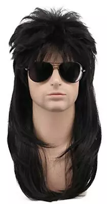 Long Straight Black 80s Disco Mullet Wig Halloween Costume Wig Cosplay Punk Rock • $27.92