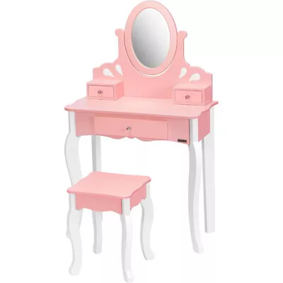 Kids Vanity Table Set Makeup Dressing Table Girls W/ Rotating Mirror & 3 Drawers • $59.99