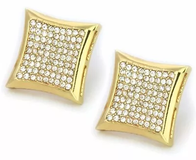 Mens Large 14K Gold Plated Iced Micro Pave CZ 9x9 Kite Screw Back Earrings 22mm • $10.99