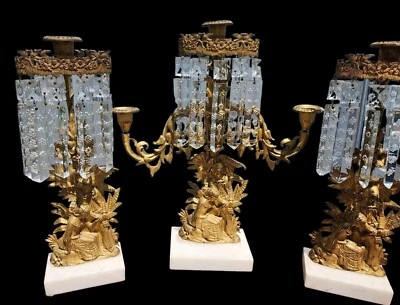 $350 • Buy ANTIQUE Set Victorian Girandole French Crystal Candelabra Candle Holders Brass 
