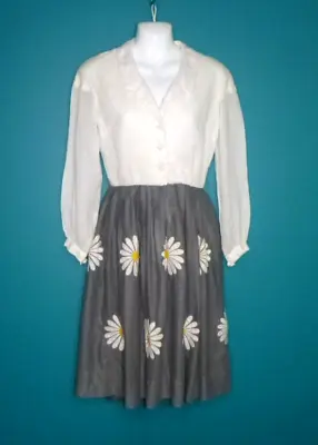 Vtg 60's Saks Fifth Avenue Dress White Top Gray Skirt Embroidered Daisies Sz S/M • $34