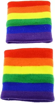 PAIR OF Rainbow Stripe Gay Pride Flag Sweatbands Wrist Band Bracelet Fancy Dress • £3.99