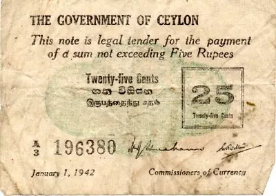 1942 Ceylon 5 Rupees Banknote 25 Cents British Administration A3 196380 Note • £19.05