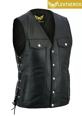 Men Denim Style Motorcycle Biker Top Grain Leather Waistcoat Vest With Side Lace • $89.99