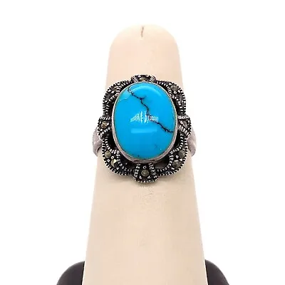 Estate Designer Sterling Silver Marcasite & Turquoise Size 7 Ring! 2  • $39.99