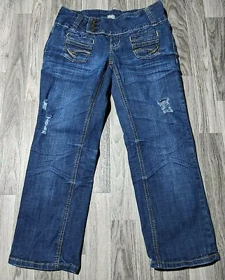 H2J Juniors Womens Size 3 / 4 Stretchy Distressed Embroidered Denim Jean Capris • $14.01