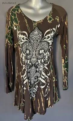 New VOCAL Womens CRYSTAL OLIVE BROWN FLEUR DE LIS TIE DYE TUNIC SHIRT S Small • $44.60