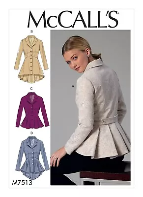 McCall 7513 Peplum Notch Collar Jacket Coat Tailored Lined Sew Pattern Szs 6-22 • $11.95