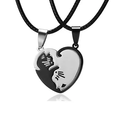 2x Kitty Cat Love Heart Couple Friendship Stainless Steel Necklace For Men Women • £4.99