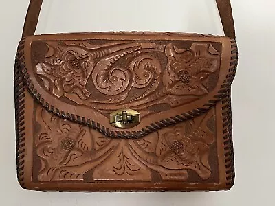 Vintage Mexican Hand Tooled Leather Saddle Shoulder Bag • $39
