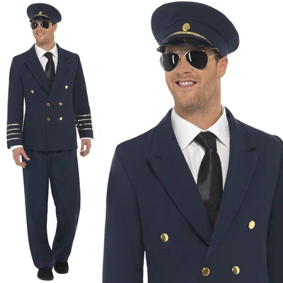 £34.99 • Buy Navy Blue Airline Pilot Captain Costume Uniform Hat Mens Fancy Dress Outfit M L