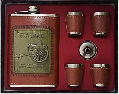 Leather Stainless Steel Brown Hip Flask With England Metal Plate 4 Shot Glasses • $122.95