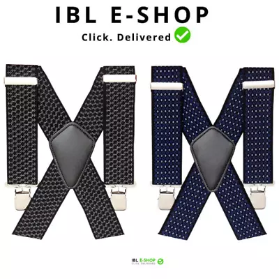 Mens Xxl 50mm Wide Heavy Duty X Shape Braces Elastic Suspenders Trouser Clips Uk • £8.29