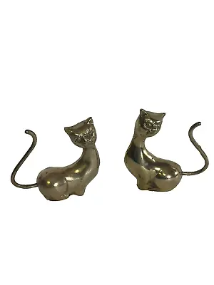 Brass Cat Kitten LOT Of 2 Figurines Statues Long Curled Tails Up Metal Art VTG • $58.97