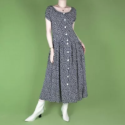 VINTAGE 80s 90s Grunge Midi Navy Cream Tea Pattern Retro Pleat Dress Small 10 • £26.90