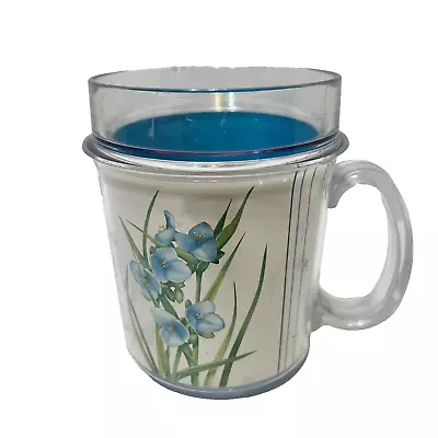 Vintage MCM Therma Serv Insulated Plastic Coffee Tea Cup Mug Floral Blue Iris • $10.82
