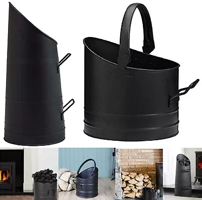 Black Shuttle Bucket Fireside Iron Coal Hod Log Fireplace Wood Fuel Ash Storage • £15.90