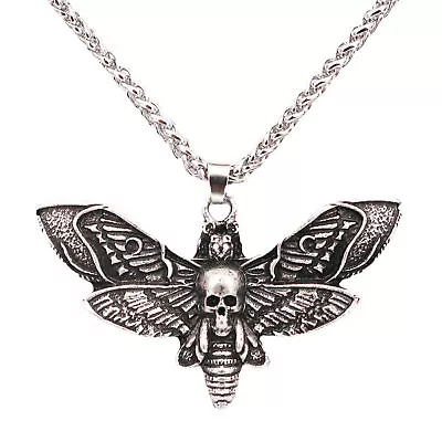 Gothic Mens Skull Moth Pendant Necklace Vintage Jewelry W/ Stainless Steel Chain • £8.51