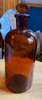 Vintage-Amber Medicine Glass Bottle W/ Stopper- 7 -Narrow Mouth • $29.50