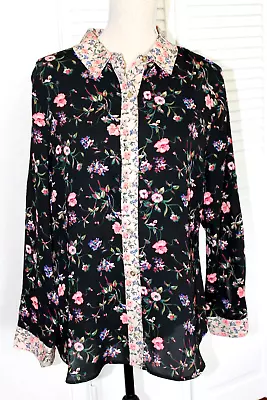 C. Wonder Black Mixed Floral Print Button Front Long Sleeve Blouse 12 A286435 • $14.97