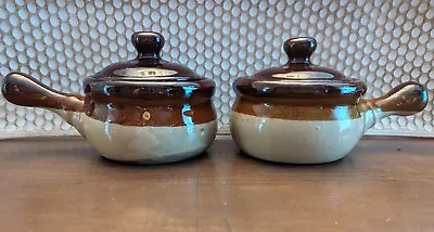 Set Of 2 Vintage French Onion Soup Crocks Handled Bowls With Lids Brown /Tan • $14