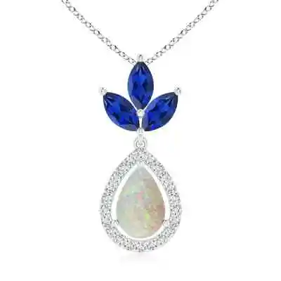 ANGARA Floating Opal And Diamond Halo Pendant With Sapphires In 14K Solid Gold • $1195.92