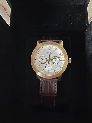 Bulova 9691075 Gold Plated Chronograph Brown  Leather Strap Watch • £80