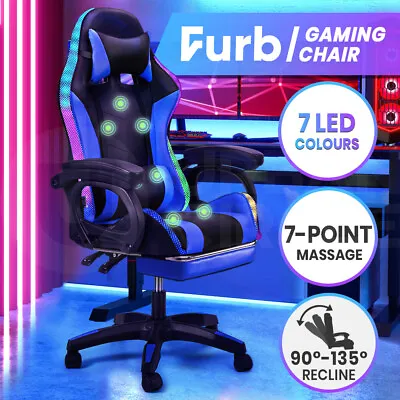 Furb LED Massage Gaming Chair RGB Racing Recliner Leather Office Chair Footrest • $179.95