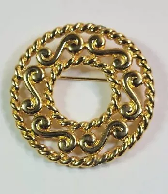 Monet Gold Tone Wreath Brooch 1.8  Diameter Vintage Signed Pin • $9.90