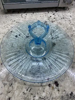 Vtg Anchor Hocking Depression Glass Blue Mayfair Pattern Center Handled Tray • $59.99