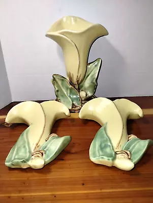 McCoy Pottery Yellow Lily Vase And 2 Wall Pockets Set Vintage 1940's • $49.99