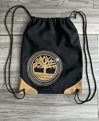 $24 • Buy Timberland Drawstring Nylon Backpack Big Logo Black/wheat Great Gym/book Bag!