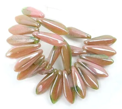 25 Czech Glass Dagger Beads Luster - Pink Coral / Olivine 16mm • $4.99