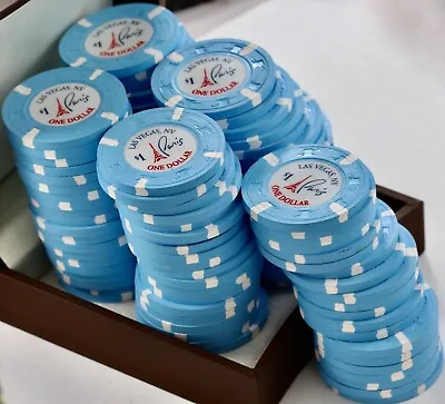 (100) $1 Dollar Las Vegas PARIS Hotel & Casino Blue & White Clay Poker Chips • £340.59