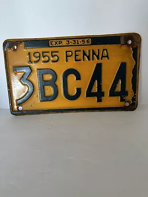 Vintage 1955 PENNA License Plate 3BC44 EXP. 3-31-56 (REAR) Yellow With Blue • $28