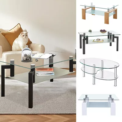 Modern 2-Tier Glass Coffee Table Living Room With Storage Shelves Tea Table Home • $88.98