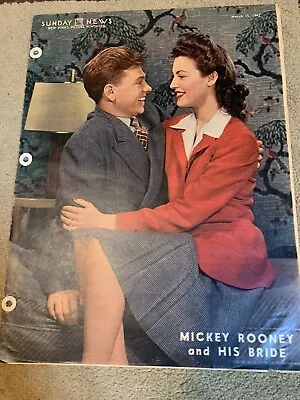 MICKEY ROONEY & Bride Original Color Portrait SUNDAY NEWS 3/15/42 Old HOLLYWOOD • $15.50