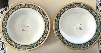 Pair Of Rimmed Soup Bowls REGENCE  By FABERGE Turquoise Border With GOLD Flowers • $89.99