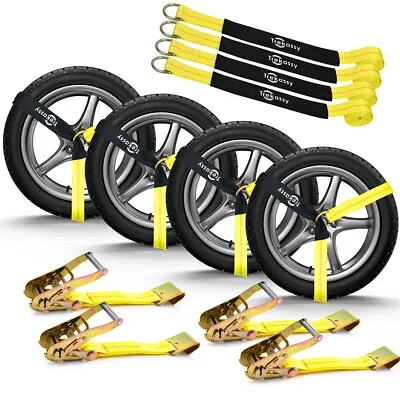 4 Pack Strap Car Trailer Hauler Tie Down Lasso Ratchet Tow Dolly Tire Straps • $123.03