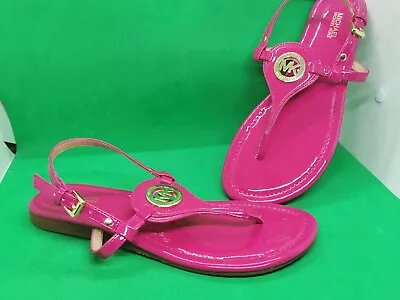 Michael Kors Aubrey Pink Gold MK Charm Thong Sandals Signature Flats Beach 9.5M • $49.99