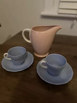 Grindley England Rose Leaf Jug & Lupin Petal Tea Cups And Saucers - Pink & Blue • $40