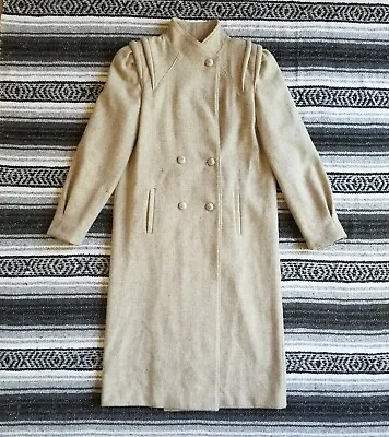 Vtg Unbranded Sz M Double Breasted High Collar Military Band Wool Overcoat Beige • $49.49
