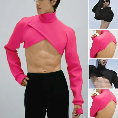 Fashion Men Long Sleeve High Neck Muscle Fit Crop Top Zip Up Tops Pullover Plus • $14.85