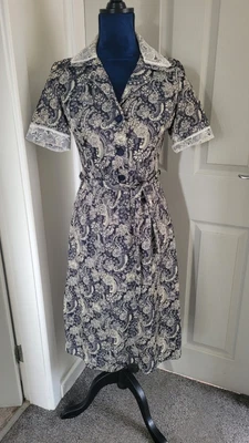 £14.99 • Buy Vintage C&A Blue Floral Lace Trim Button Front Tie Waist Dress Fit Current 8