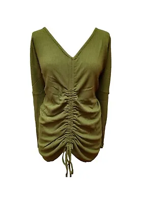 V By Very Long Sleeved Ruched Front Longline Top Blouse Khaki Sizes 6-24 UK • £6.29