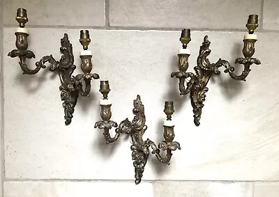 Three Vintage Brass French Rococo Style 2 Arm Wall Lamp Lights Candle Sconces • $155.63