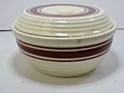 Vintage McCoy? Burgandy Red Striped Ribbed 7  Serving Bowl With Lid Stoneware • $12.98